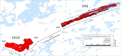 Figure 5: Plan view of CV5 and CV13 spodumene pegmatite geological models – all lenses. A collective mineralized strike length of 6.9 km, drill hole to drill hole. (CNW Group/Patriot Battery Metals Inc.)