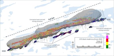 Figure 14: Oblique view of the CV5 Spodumene Pegmatite block model with respect to applied open-pit and underground conceptual mining constraint shapes (not to scale). (CNW Group/Patriot Battery Metals Inc.)