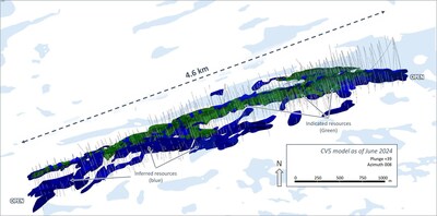 Figure 15: Oblique view of the Indicated (green) and Inferred (blue) block model classifications for the CV5 Spodumene Pegmatite (not to scale). (CNW Group/Patriot Battery Metals Inc.)