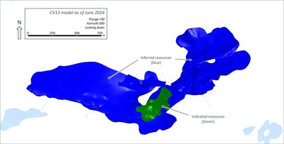 Figure 24: Plan view of the Indicated (green) and Inferred (blue) block model classifications for the CV13 Spodumene Pegmatite. (CNW Group/Patriot Battery Metals Inc.)