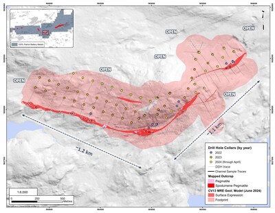 Figure 36: Diamond drill hole and channel locations at the CV13 Spodumene Pegmatite, which form the basis of the MRE. (CNW Group/Patriot Battery Metals Inc.)