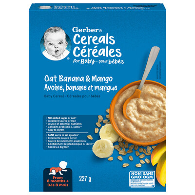 Céréales pour bébés Gerber(MD) Avoine, banane et mangue, 227 g 3334007809 - EXP. 30 MA 2025 (Groupe CNW/Nestle Canada Inc.)