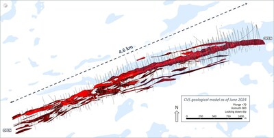 Figure 8: Inclined view of CV5 Spodumene Pegmatite geological model looking down dip (70°) – all lenses (not to scale). (CNW Group/Patriot Battery Metals Inc.)