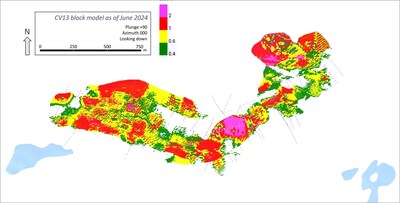 Figure 21: Plan view of the CV13 Spodumene Pegmatite block model (classified material unconstrained) (CNW Group/Patriot Battery Metals Inc.)