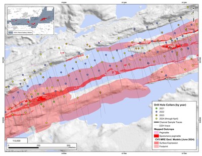 Figure 35: Channel locations at the CV5 Spodumene Pegmatite included in the MRE. (CNW Group/Patriot Battery Metals Inc.)