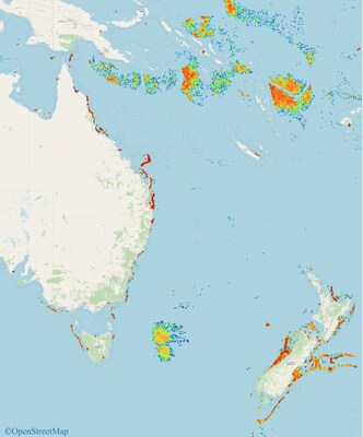 The above map reflects a fishing activity forecast produced by Athenium for earlier this year in the South Pacific. Red & deep orange reflect the most active fishing locations, and light blue the least.