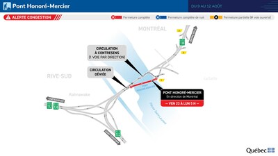 Pont Honoré-Mercier - Une voie par direction du 9 au 12 août 2024. (Groupe CNW/Ministère des Transports et de la Mobilité durable)