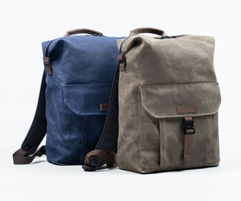 Vitesse Backpack in blue or brown waxed canvas