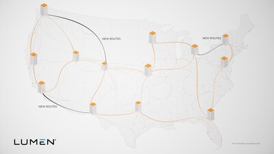 Lumen’s Private Connectivity Fabric℠ is a custom network that includes dedicated access to existing fiber in the Lumen network, the installation of new fiber on existing and new routes, and the use of Lumen’s new digital services. This is for illustrative purposes and does not show actual routes.