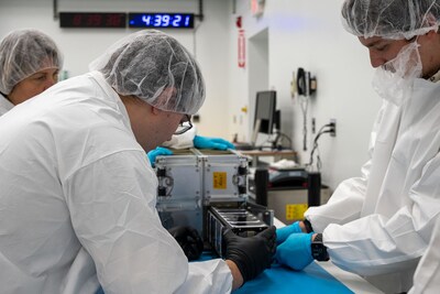 Technicians with the University of Kansas prepare their KUbeSat-1 for integration at Firefly’s Payload Processing Facility at Vandenberg Space Force Base, California on Thursday, April 25, 2024. Credit: NASA