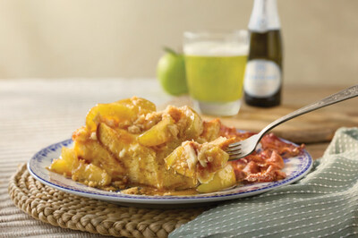 Just in time for fall, Cracker Barrel's new Signature Fried Apple French Toast Bake, features thick-cut country bread soaked in vanilla custard, topped with cheesecake filling, guests' favorite signature fried apples and a brown sugar streusel, topped with warm Butter Pecan Syrup and a choice of thick-cut bacon or smoked sausage.