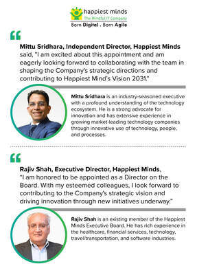 Happiest Minds Expands Board of Directors with Appointments of Mittu Sridhara and Rajiv Shah