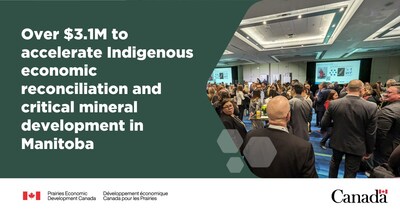 An image of people socializing in a large room at a conference, with text "Over $3.1M to accelerate Indigenous economic reconciliation and critical mineral development in Manitoba" (CNW Group/Prairies Economic Development Canada)