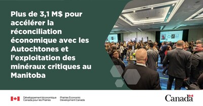 Une image de personnes socialisant dans une grande salle lors d'une conférence, accompagnée du texte : « Plus de 3,1 M$ pour accélérer la réconciliation économique avec les Autochtones et l'exploitation des minéraux critiques au Manitoba ». (Groupe CNW/Développement économique Canada pour les Prairies)