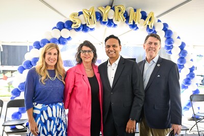 Local community and business leaders including Heather Hoytink, South Division President, PepsiCo Beverages North America (PBNA); Mary Esther Reed, Mayor of Smyrna; Ram Krishnan, CEO, PBNA and Tennessee State Senator Shane Reeves gather at the ceremonial ribbon-cutting for PBNA’s new state-of-the-art distribution facility – the company’s largest in the Southeast – in Smyrna, Tenn. on Tuesday, August 6, 2024. (Photo by John Amis / PepsiCo Beverages North America / AP Images)