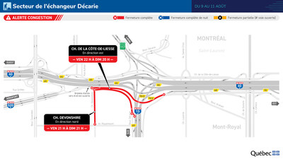 Chemin de la Côte-de-Liesse - Fermeture en direction est, entre l’A-520 et l’échangeur Décarie, du 9 au 11 août 2024. (Groupe CNW/Ministère des Transports et de la Mobilité durable)