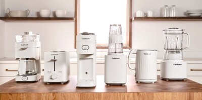 The Cuisinart Soho Collection. From left to right: 5-Cup Coffee Maker, 2-Slice Toaster, Single-Serve Coffee Maker, Personal Blender, 1-Liter Double Wall Electric Kettle, Blender.
