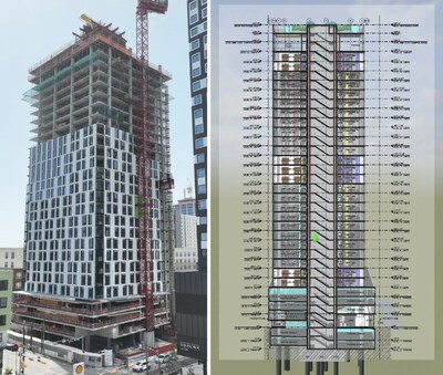 The 24th & Rio Grande Student Housing project located in Austin, Texas, scheduled for completion in June 2025. This project led by RO is a 350,000-square-foot, 30-story high-rise featuring 199 units, amenities and parking garage. The image on the right features the 3D model view in Revizto with a 2D overlay on all the floors. (Image source: Rogers-O’Brien Construction)