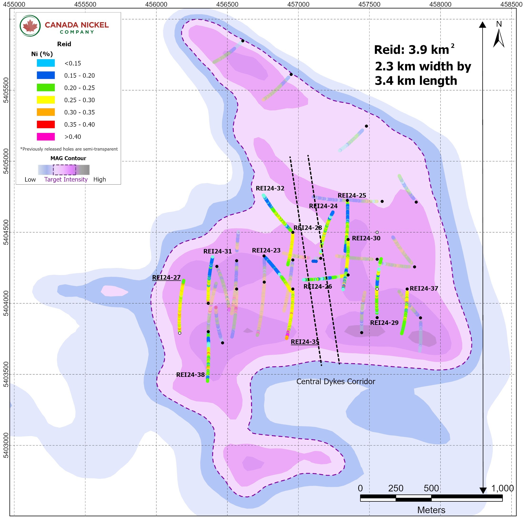 Figure 1 – Reid – Drillholes Over Total Magnetic Intensity. (CNW Group/Canada Nickel Company Inc.)