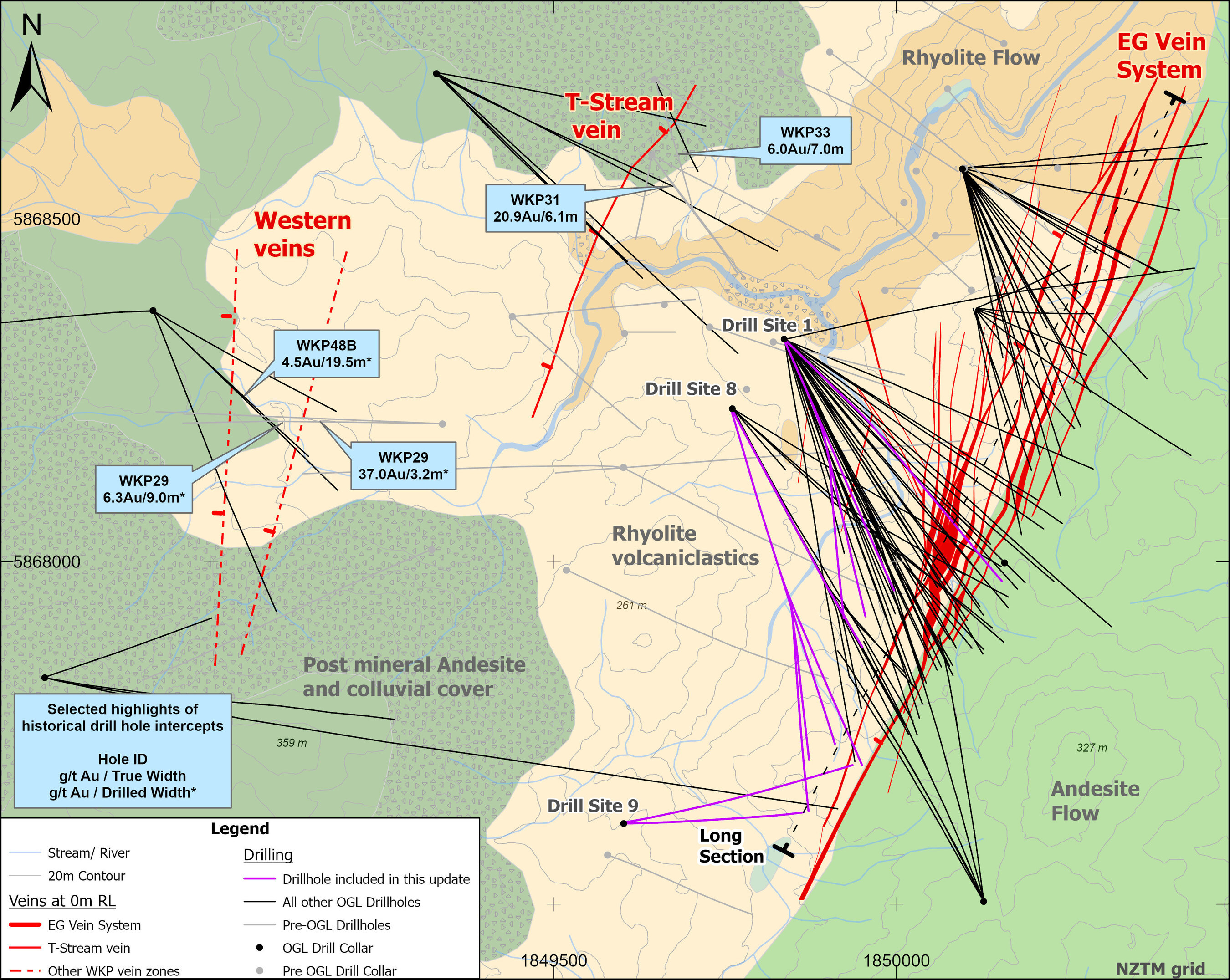 Figure 1: WKP plan view of geology, drill traces, and distribution of 3 main vein zones. Note: T- Stream and Western Vein intercepts are significant historical results (CNW Group/OceanaGold Corporation) Figure 1: WKP plan view of geology, drill traces, and distribution of 3 main vein zones. Note: T- Stream and Western Vein intercepts are significant historical results (CNW Group/OceanaGold Corporation)