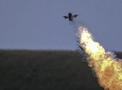 An FPV drone carrying a payload that has been neutralised with the Fractl Tactical Directed Energy System via the "vent and burn" method (PRNewsfoto/AIM Defence)