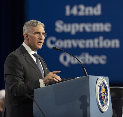 Supreme Knight Patrick Kelly delivers his annual report at the 142nd Supreme Convention on Aug. 6 in Québec City. (Photo by Matthew Barrick)