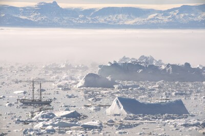 The Bowdoin navigating icebergs in Disko Bay, Greenland.