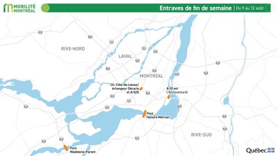 1. Entraves de fin de semaine, du 9 au 12 août (Groupe CNW/Ministère des Transports et de la Mobilité durable)