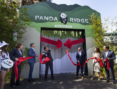 From left to right: Ceremony attendee, Toni G. Atkins, California state senator; Gavin Newsom, governor of California; His Excellency Xie Feng, Chinese ambassador to the United States; Paul Baribault, president and CEO of San Diego Zoo Wildlife Alliance; Si Ping, deputy secretary general of China Wildlife Conservation Association; and Todd Gloria, mayor of San Diego at Panda Ridge ribbon ceremony at San Diego Zoo