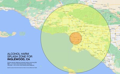 Mapa de salpicaduras de daños por alcohol para Inglewood, California, si se aprueba la AB 3206.