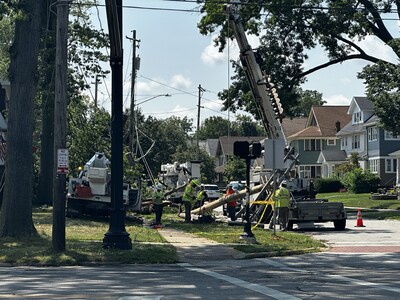 FirstEnergy crews and support personnel continue working 24/7 in 16-hour shifts to restore power to customers who remain without service across northeast Ohio. Crews are pictured here in Lakewood, Cuyahoga County.