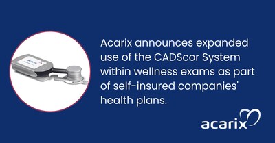 Acarix, a leader in rapid AI and acoustics-based cardiac diagnostics, announces expanded use of the CADScor System within wellness exams as part of self-insured companies' health plans. As healthcare costs continue to rise, the CADScor System has now been proven to be an easy and quick strategy to risk stratify patients for significant coronary artery disease.