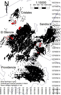 Figure 1. Location plan of drillhole and channel sample intersections (CNW Group/Aris Mining Corporation)