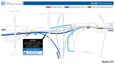 Fermeture complète sur l’autoroute 25 en direction sud durant la nuit du 12 au 13 août (Groupe CNW/Ministère des Transports et de la Mobilité durable)