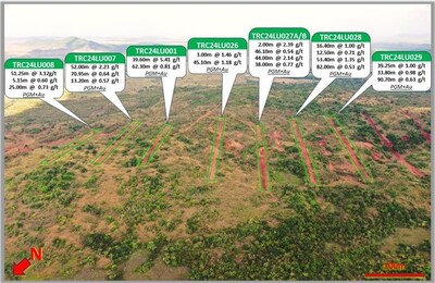 Figure 1: Arial View of Trenching in the Central Sector, with Assay Results (CNW Group/Bravo Mining Corp.)