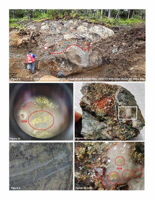 Images showing visible gold and epithermal veins found after trenching in the Conquest Zone at Root & Cellar. (CNW Group/Northern Shield Resources Inc.)