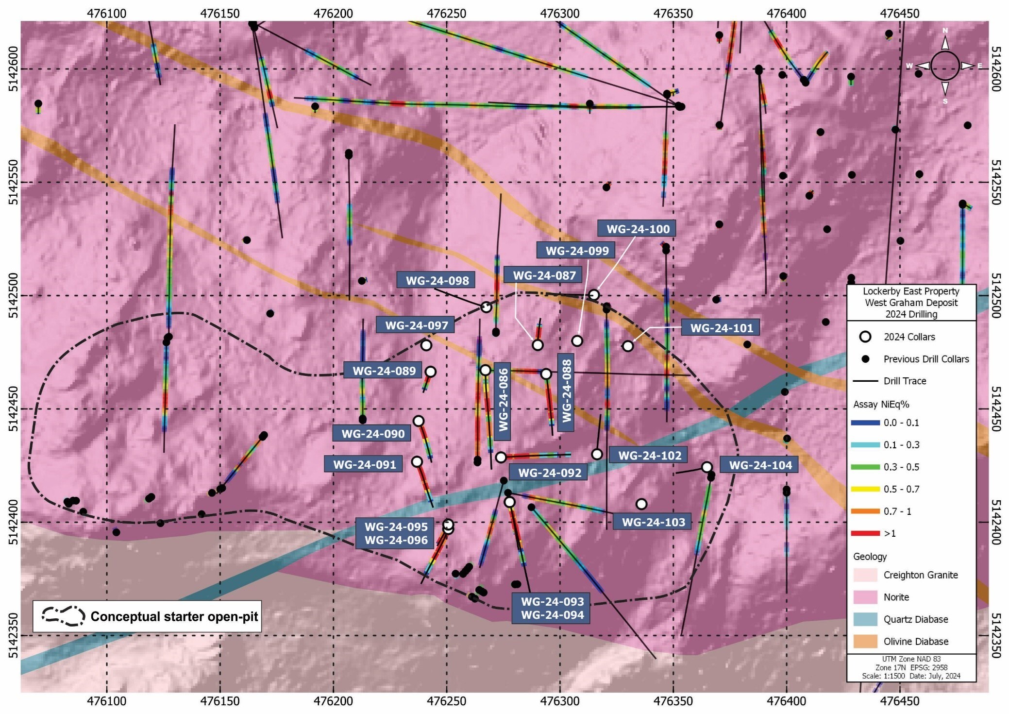 Figure 1: Plan map of the current area of drilling on the West Graham Project showing the collar locations and drill traces of the completed holes. Assay results for the reported holes are shown in callouts. Interval lengths reported above are downhole lengths. See Table 1 and 2 for true width estimations. (CNW Group/SPC Nickel Corp.) Figure 1: Plan map of the current area of drilling on the West Graham Project showing the collar locations and drill traces of the completed holes. Assay results for the reported holes are shown in callouts. Interval lengths reported above are downhole lengths. See Table 1 and 2 for true width estimations. (CNW Group/SPC Nickel Corp.)