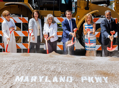 Breaking ground in Las Vegas on the Maryland Parkway Bus Rapid Transit Project are from left, U.S. Congresswoman Susie Lee (D-Nev), U.S. Senator Catherine Cortez Masto (D-Nev), U.S. Congresswoman Dina Titus (D-Nev), U.S. Secretary of Transportation Pete Buttigieg, Regional Transportation Commission of Southern Nevada CEO M.J. Maynard, and U.S. Congressman Steven Horsford (D-Nev).