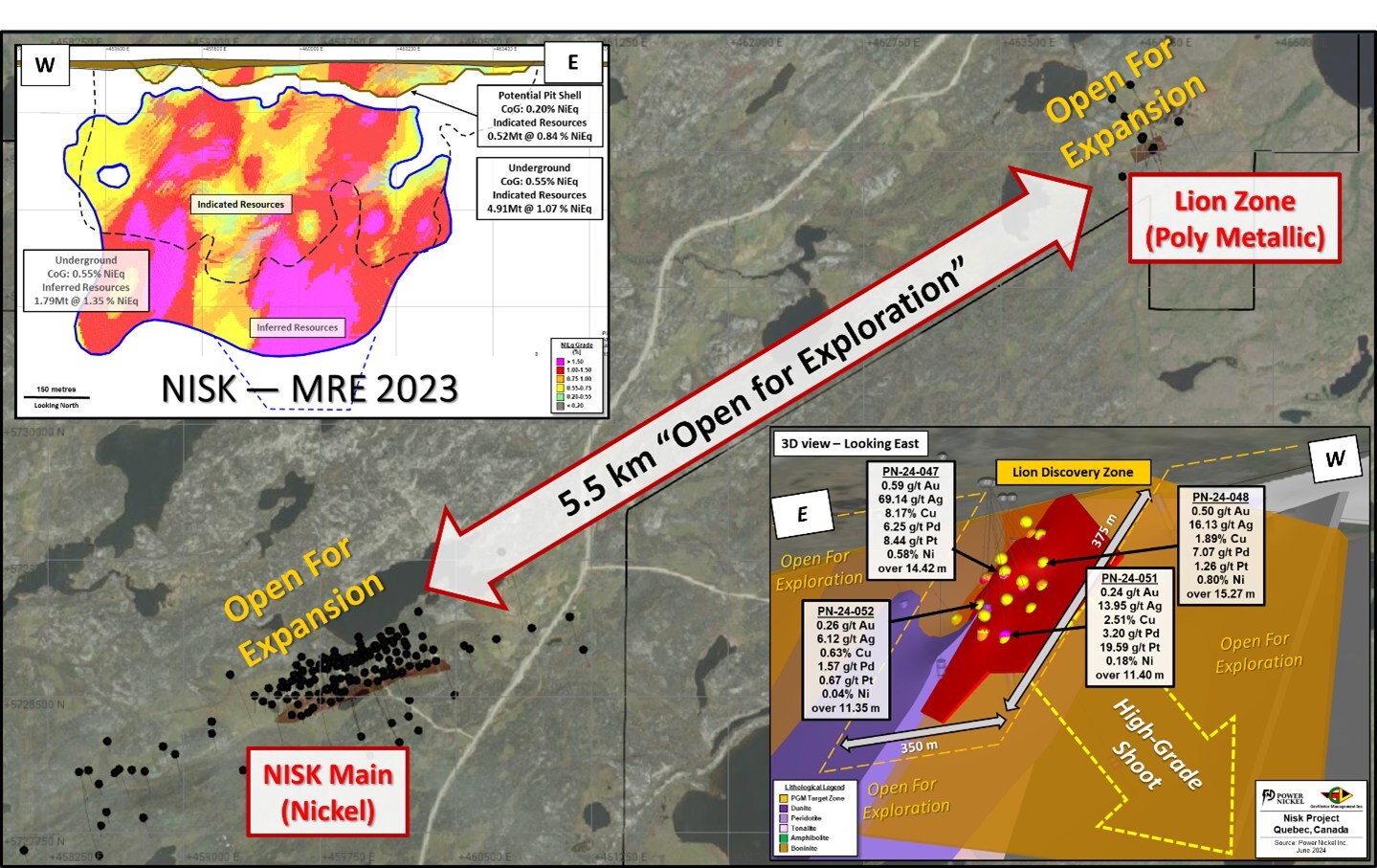 Figure 1: Plan view of the area covering the Nisk Main deposit to the west and the Lion Zone discovery to the northeast.