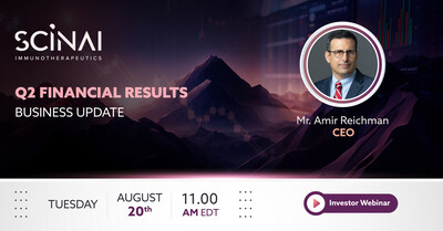 Join Scinai Immunotherapeutics CEO Amir Reichman for a live webinar covering the company's Q2 financial results. Mr. Reichman will also provide a business update on Scinai's compliance with NASDAQ rules, nano-ab research and development for plaque psoriasis, and the ongoing progress of the CDMO commercial division.