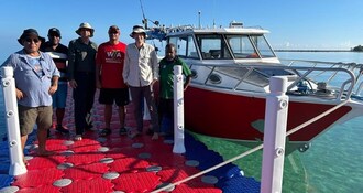 Figure 1. Adyton team ready to depart from New Ireland to go to Feni Island.  Team from L to R: Skarty Furuga (Senior Geologist), Chris Wamugl (Senior Geologist), Tim Crossley (CEO), The Hon. Walter Schnaubelt (Namatanai MP and Minister for Aviation), Dr Chris Bowden (COO), support crew. (CNW Group/Adyton Resources Corporation)