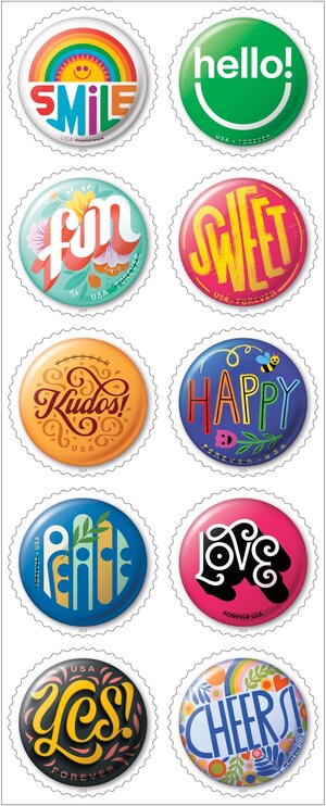 Cheery, Whimsical Pinback Buttons Stamps Bring Playful Touch to Cards and Letters