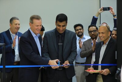 Bell Techlogix staff during the ribbon cutting of new India office space at Prestige Sky Tech in Gachibowli, Hyderabad