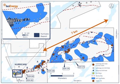 Figure 3 – New ANT survey results from the eastern portion of the Larocque East Project illustrating six new target areas (E through to J). (CNW Group/IsoEnergy Ltd.)