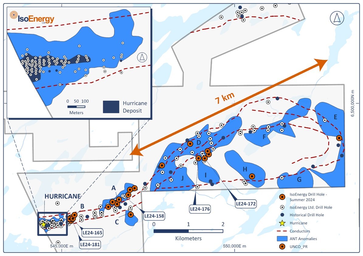 Figure 3 – New ANT survey results from the eastern portion of the Larocque East Project illustrating six new target areas (E through to J). (CNW Group/IsoEnergy Ltd.)