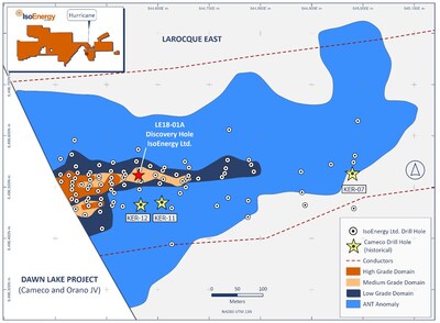 Figure 2 – The Hurricane deposit footprint illustrating the close proximity of the three pre-discovery drill holes (KER-07, 11 & 12) and the IsoEnergy discovery drill hole LE18-01A within the ANT Anomaly (CNW Group/IsoEnergy Ltd.)