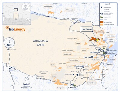 Figure 1 – Location map of the Hurricane deposit and IsoEnergy exploration projects in the eastern Athabasca Basin. (CNW Group/IsoEnergy Ltd.)