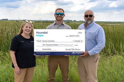 (left to right) Ansley Christain, PR & corporate social responsibility, Hyundai Motor Group Metaplant America (HMGMA), Chad Ledford, director of development, State of Georgia, Ducks Unlimited, Joe LaMuraglia, manager, PR & communications, HMGMA near Savannah, Ga. on August 14, 2024. (Photo/Hyundai)