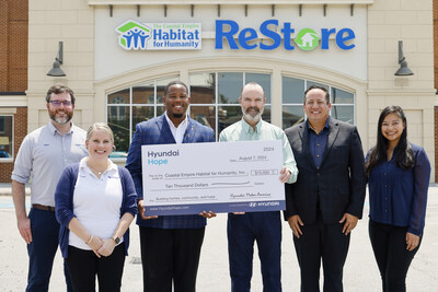 (left to right) Sean Evans, PR & communications, Hyundai Motor Group Metaplant America (HMGMA), Ansley Christain, PR & corporate social responsibility, HMGMA, Zerik Samples, CEO, Coastal Empire Habitat for Humanity, Greg Gauss, development manager, Coastal Empire Habitat for Humanity, Brandon Ramirez, director, corporate social responsibility, Hyundai Motor North America, Ciara Calub, corporate social responsibility, Hyundai Motor North America in Savannah, Ga. on August 12, 2024. Photo/Hyundai