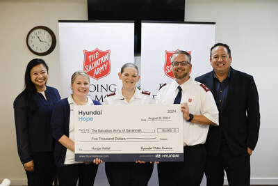 (left to right) Ciara Calub, corporate social responsibility, Hyundai Motor North America, Ansley Christain, PR & corporate social responsibility, Hyundai Motor Group Metaplant America, Major Melissa Smith, Corps Officer, The Salvation Army of Savannah, Major Jason Smith, Corps Officer, The Salvation Army of Savannah, Brandon Ramirez, director, corporate social responsibility, Hyundai Motor North America at The Salvation Army of Savannah in Savannah, Ga. on August 12, 2024. (Photo/Hyundai)